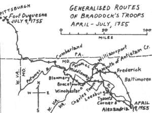 Overall routes of Major General Edward Braddock's Forces, April - July 1755