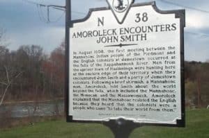 Meeting John Smith and the indian, Amoroleck. Road marker in Fredericksburg, Virginia